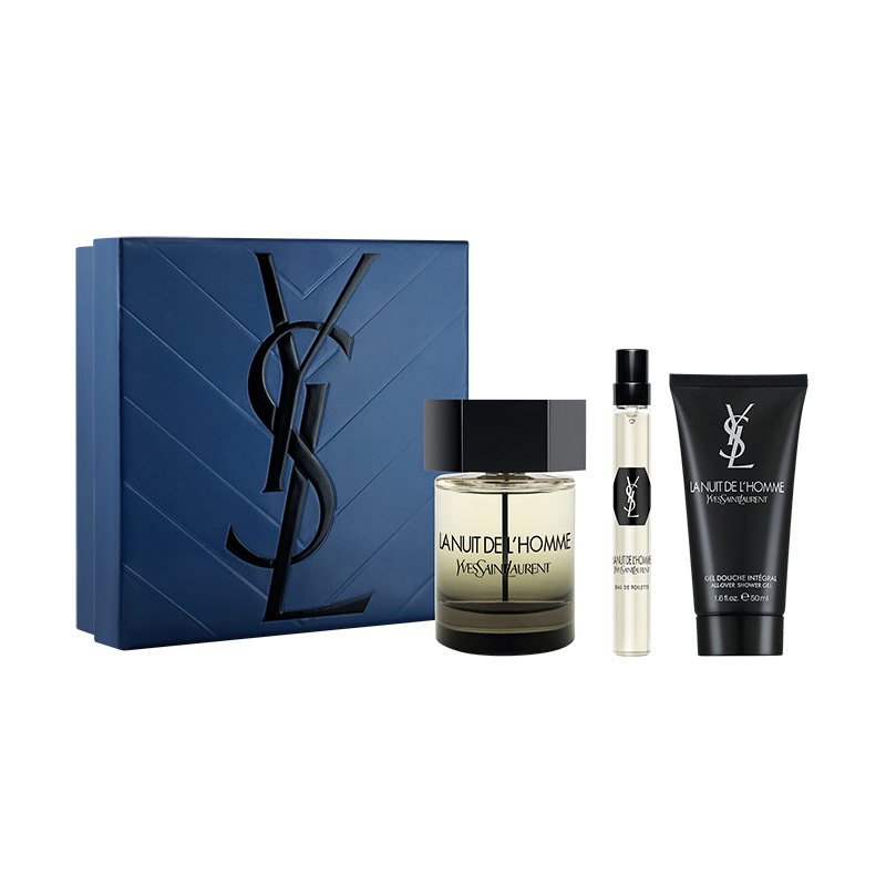 A YSL La Nuit de L'Homme gift set featuring perfume, travel spray, and shower gel.
