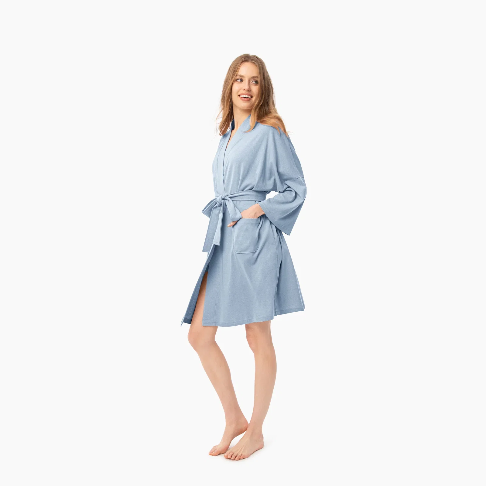 Organic Short Lounge Robe - Light Blue