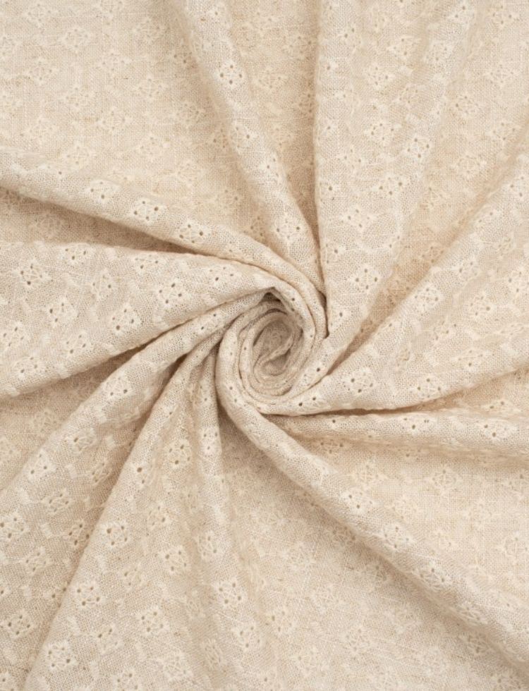 Deadstock Embroidered Linen Rayon Cotton Blend Fabric Ecru