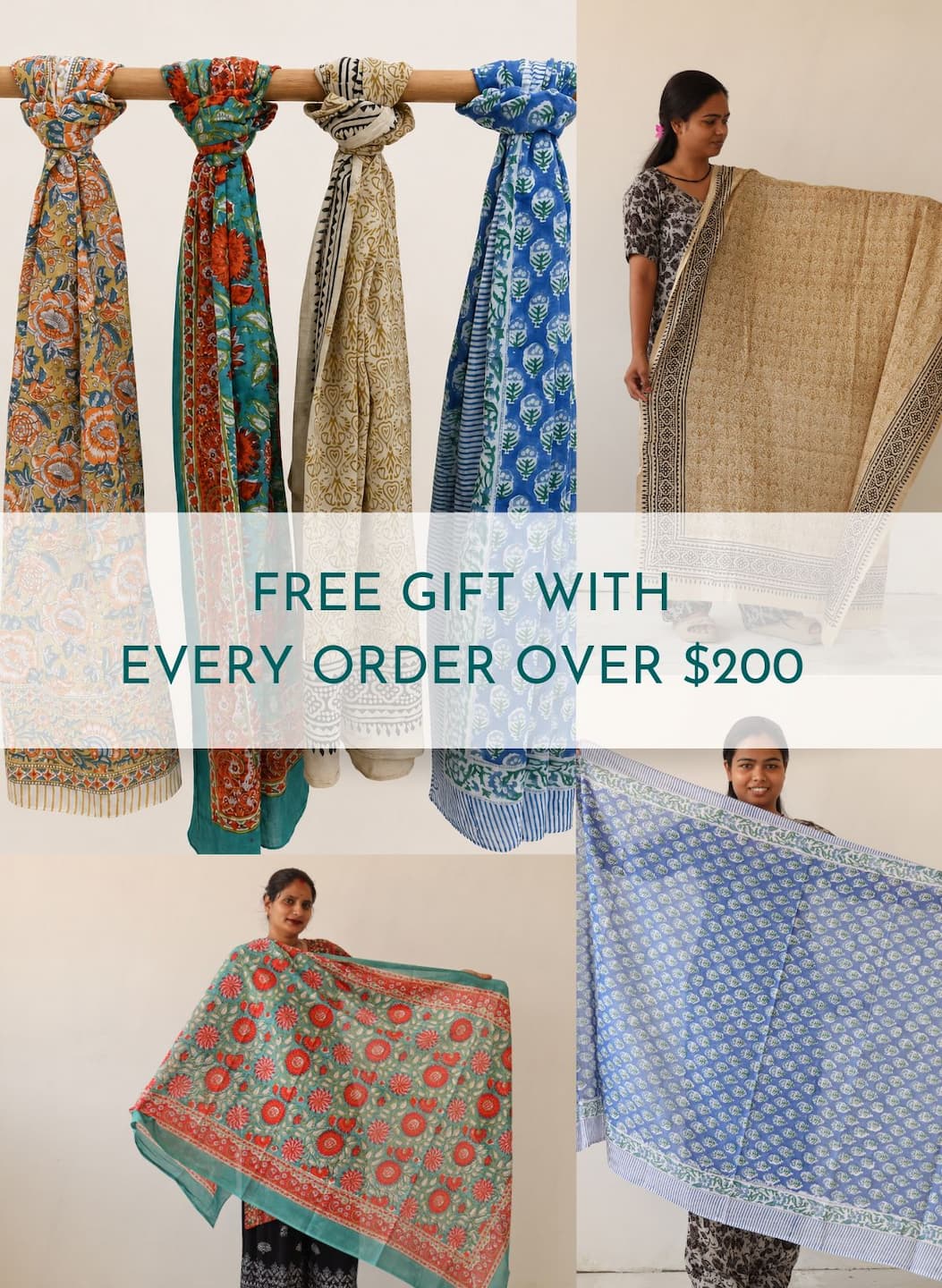4 printed cotton scarves on wooden pole 