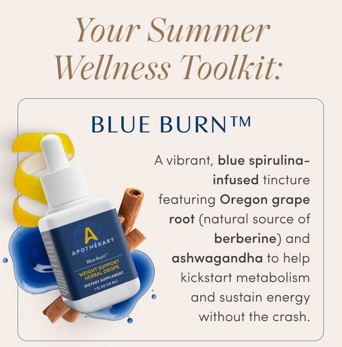 A vibrant, blue spirulina-infused tincture featuring Oregon grape root (natural source of berberine) and ashwagandha to help kickstart metabolism and sustain energy without the crash.