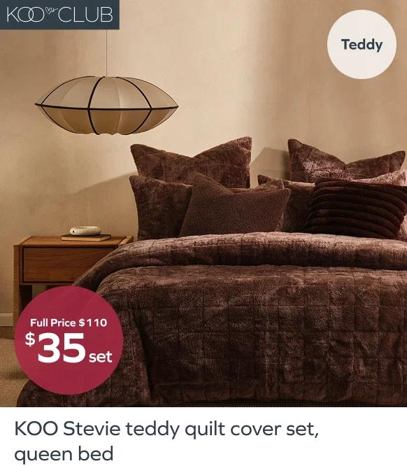 KOO Stevie teddy quilt cover set, queen bed, full price $110, $35set