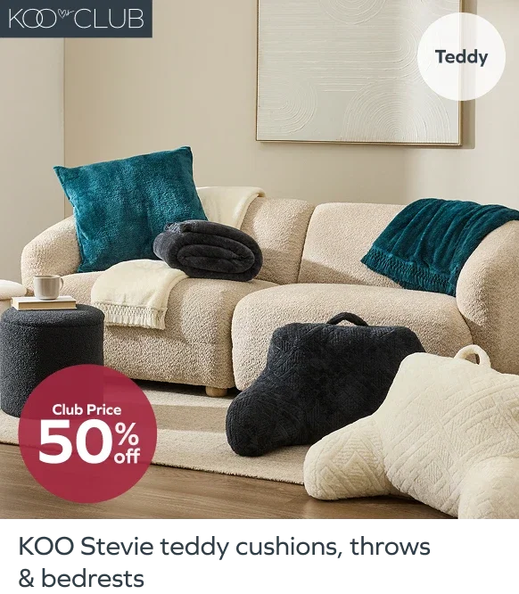 Club price 50% off KOO Stevie teddy cushions, throws & bedrests