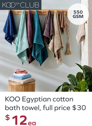 KOO Egyptian cotton bath towel, full price $30, $12ea