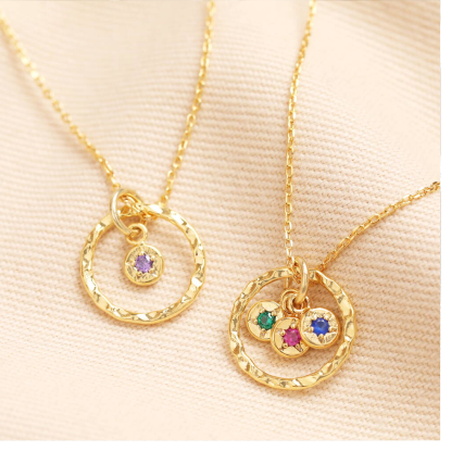 Personalised Family Hammered Halo And Birthstone Pendant Necklace In Gold Plating
