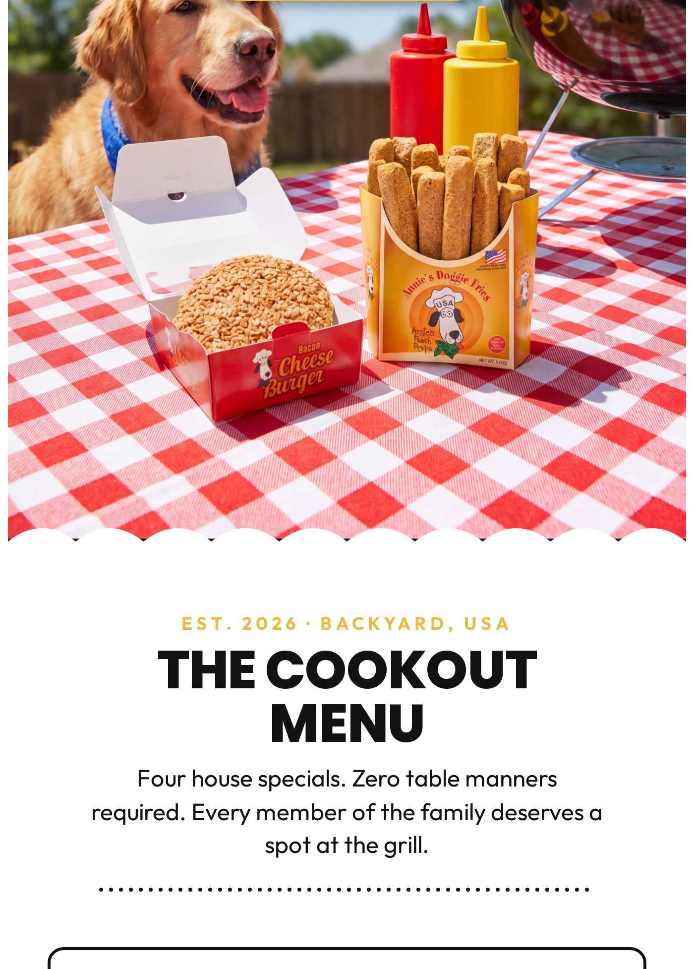 The Cookout Menu from Backyard, USA. Four house specials for every family member, including pups.