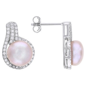 Pink Cultured Kasumiga Pearl With Cubic Zirconia Rhodium Over Sterling Silver Earrings