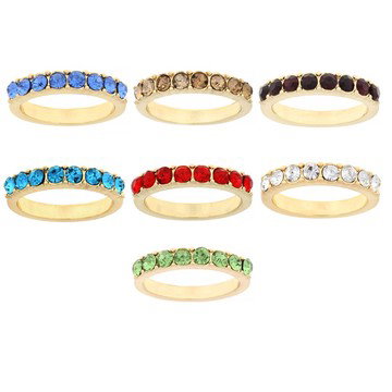 Multi-Color Crystal Gold Tone Set of 7 Rings, 3mm