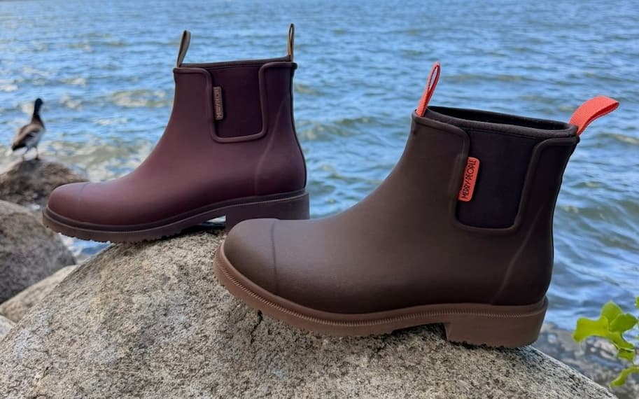 Mocha and Dark Cherry Bobbi Gumboot by the lake