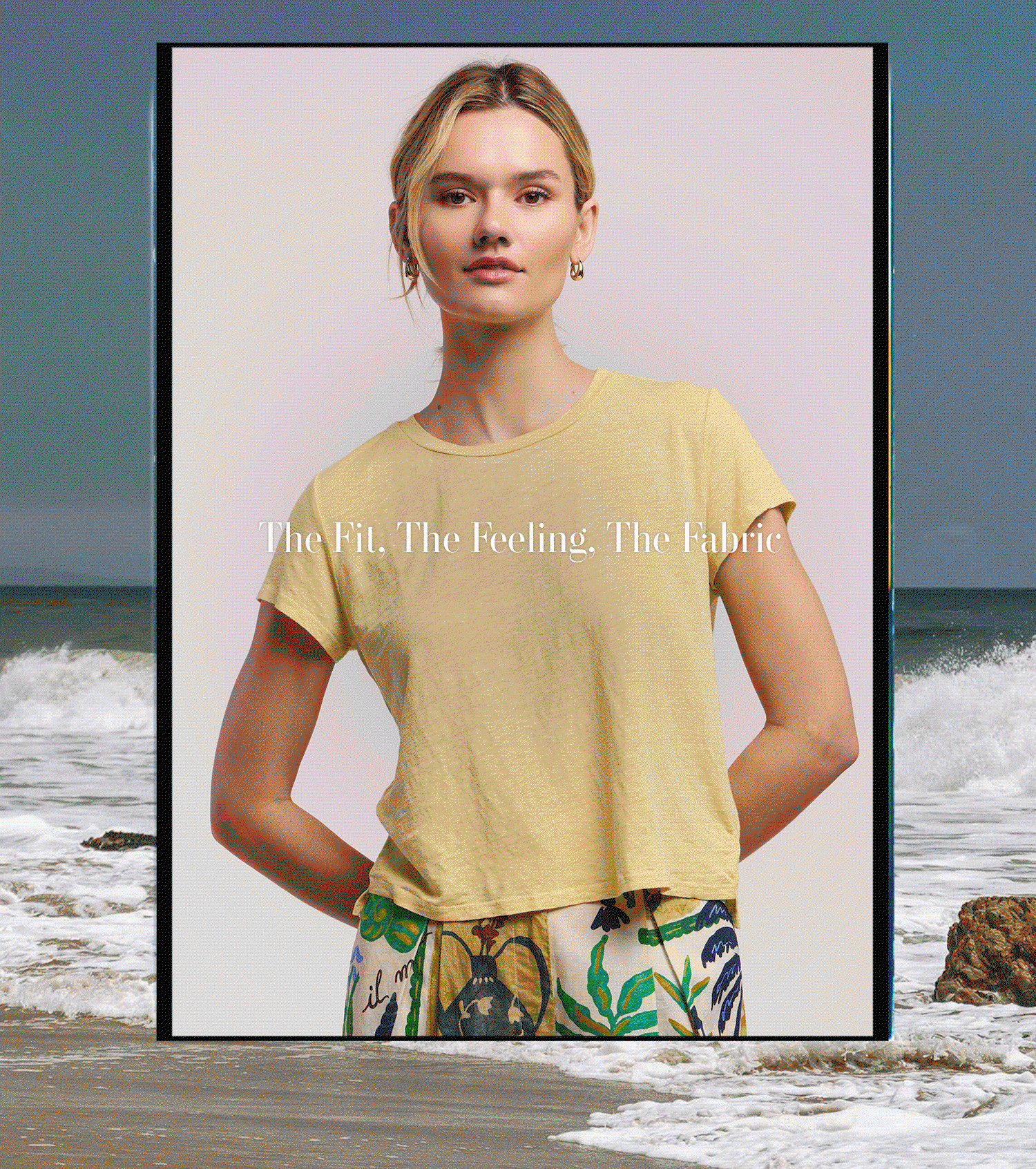 Gif images of model wearing emilia top in black, model wearing odelia top in white, model wearing casey top in sun, and model wearing elisha top in white.