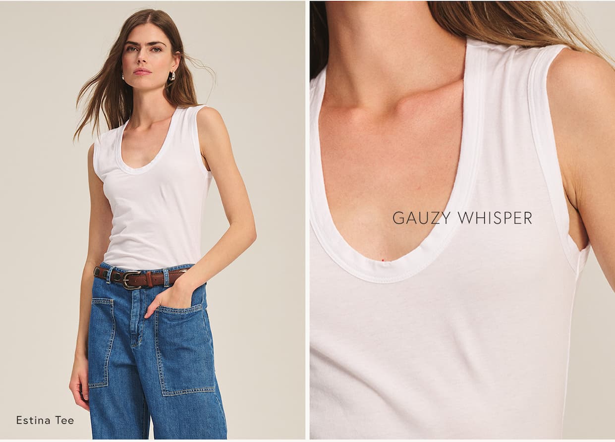 Image of model wearing Estina top in white. Text reads "Estina Tee and Gauzy Whisper".