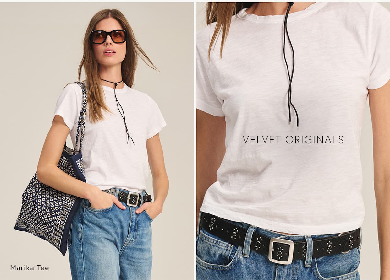 Image shows model wearing Marika Top in white. Text Reads "Marika Tee and Velvet Originals".