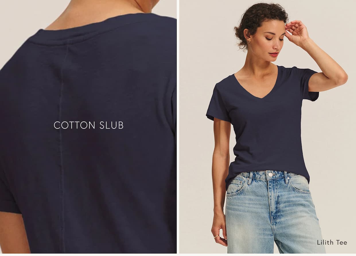 Image of model wearing Cotton Slub Lilith top in navy. Text reads "Cotton Slub and Lilith Tee"