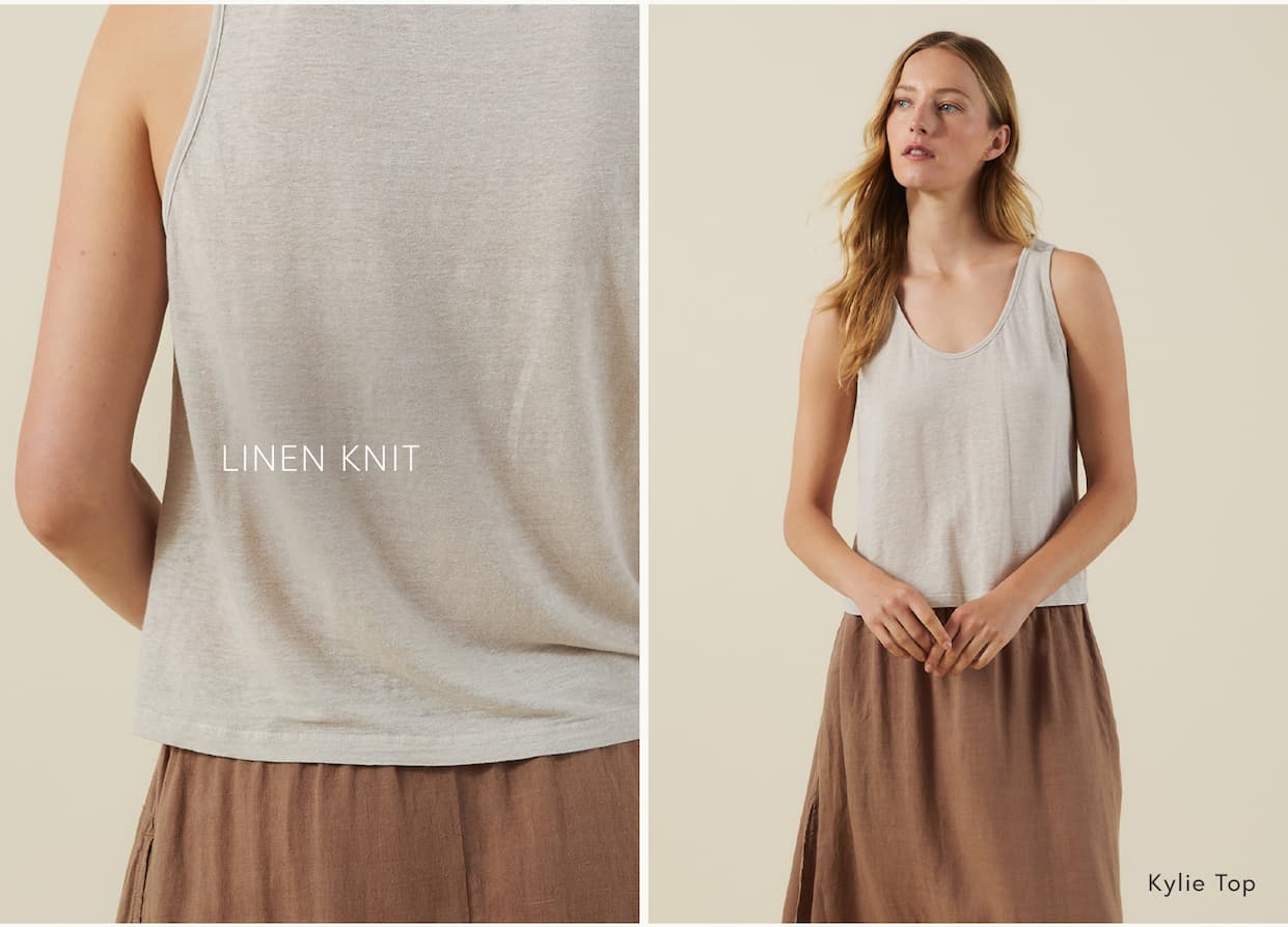 Image shows model wearing Kylie top in cobble. Text reads Linen Knit and Kylie Top.