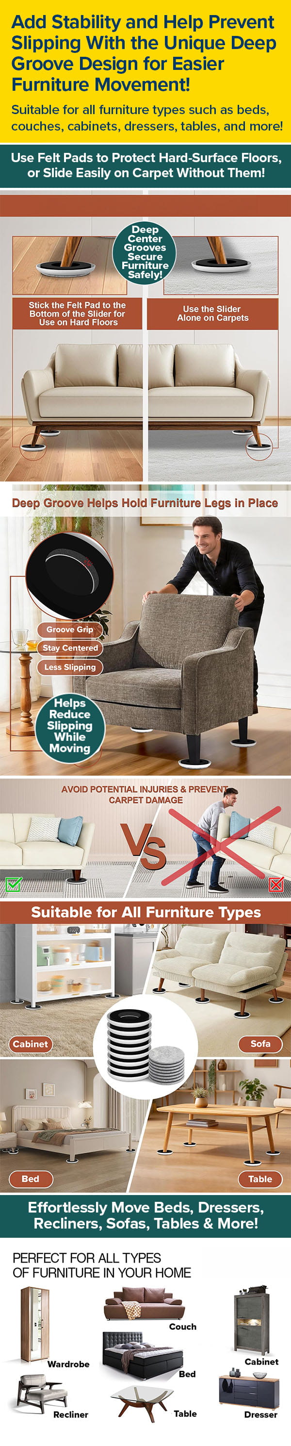 Add Stability and Help Prevent Slipping With the Unique Deep Groove Design for Easier Furniture Movement!