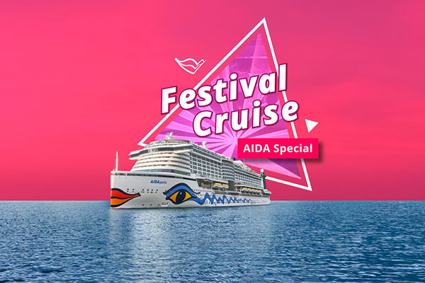 Kreuzfahrtschiff von AIDA auf dem Meer vor pinkem Hintergrund mit Schriftzug „Festival Cruise – AIDA Special“.