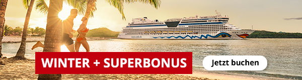Strand mit Palmen und zwei Personen im Vordergrund, im Hintergrund ein AIDA‑Kreuzfahrtschiff auf dem Meer; eingeblendeter Text „WINTER + SUPERBONUS“ und Button „Jetzt buchen“.