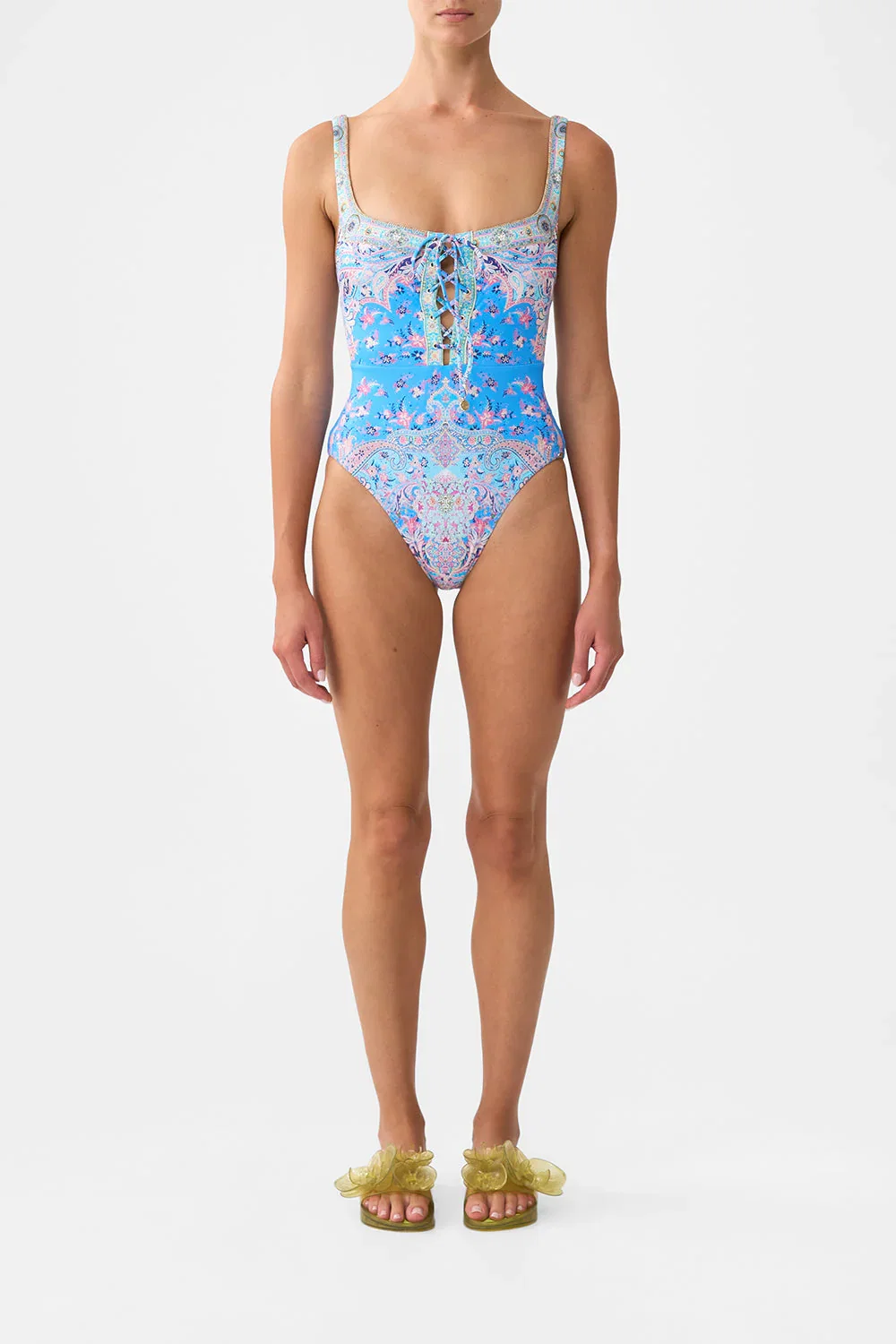 Image of LACE UP UNDERWIRE SQUARE NECK ONE PIECE FOOTSTEPS IN FOLKLORE