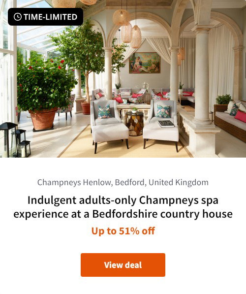 Indulgent adults-only Champneys spa experience at a Bedfordshire country house