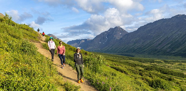 Hikers on a trail in the Glen Alps, Chugach Mountains