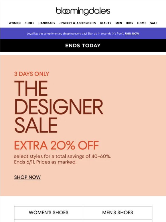 Ends today! Extra 20% off designer styles