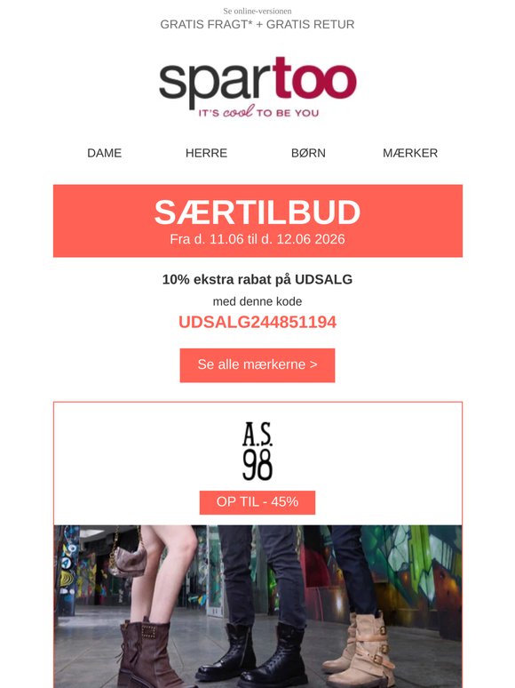 ⏱️ Skynd dig: op til -50% rabat og -10% ekstra rabat på Airstep / A.S.98, David Jones, Primigi, Les Tropeziennes par M.Belarbi, Moony Mood, Oxbow, Guess, Tommy Hilfiger og Patagonia: tidsbegrænset tilbud med gratis fragt!