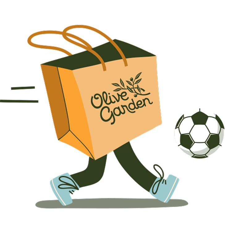 Illustration of a walking Olive Garden To Go bag with a soccer ball.