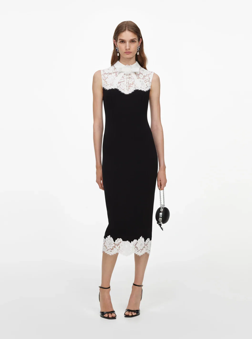 BLACK CONTRAST LACE BODICE MIDI DRESS