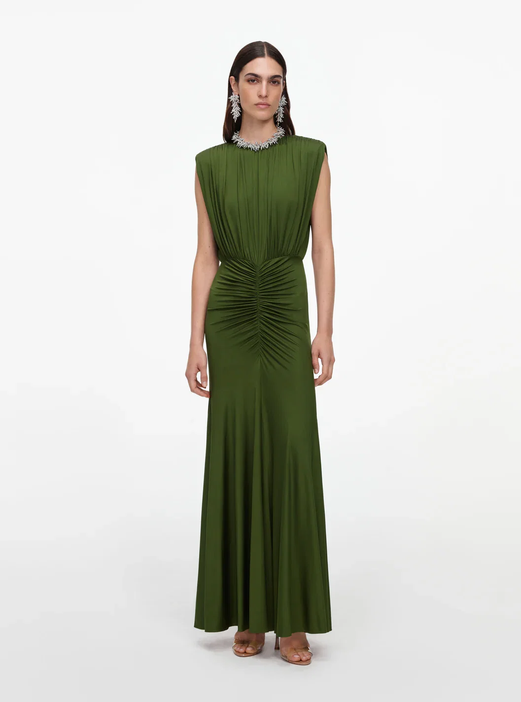 OLIVE JERSEY GATHERED MAXI DRESS