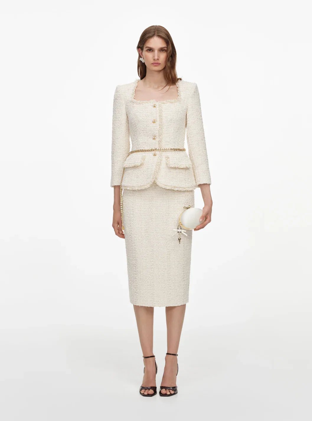 CREAM BOUCLE TAILORED CHAIN MIDI DRESS