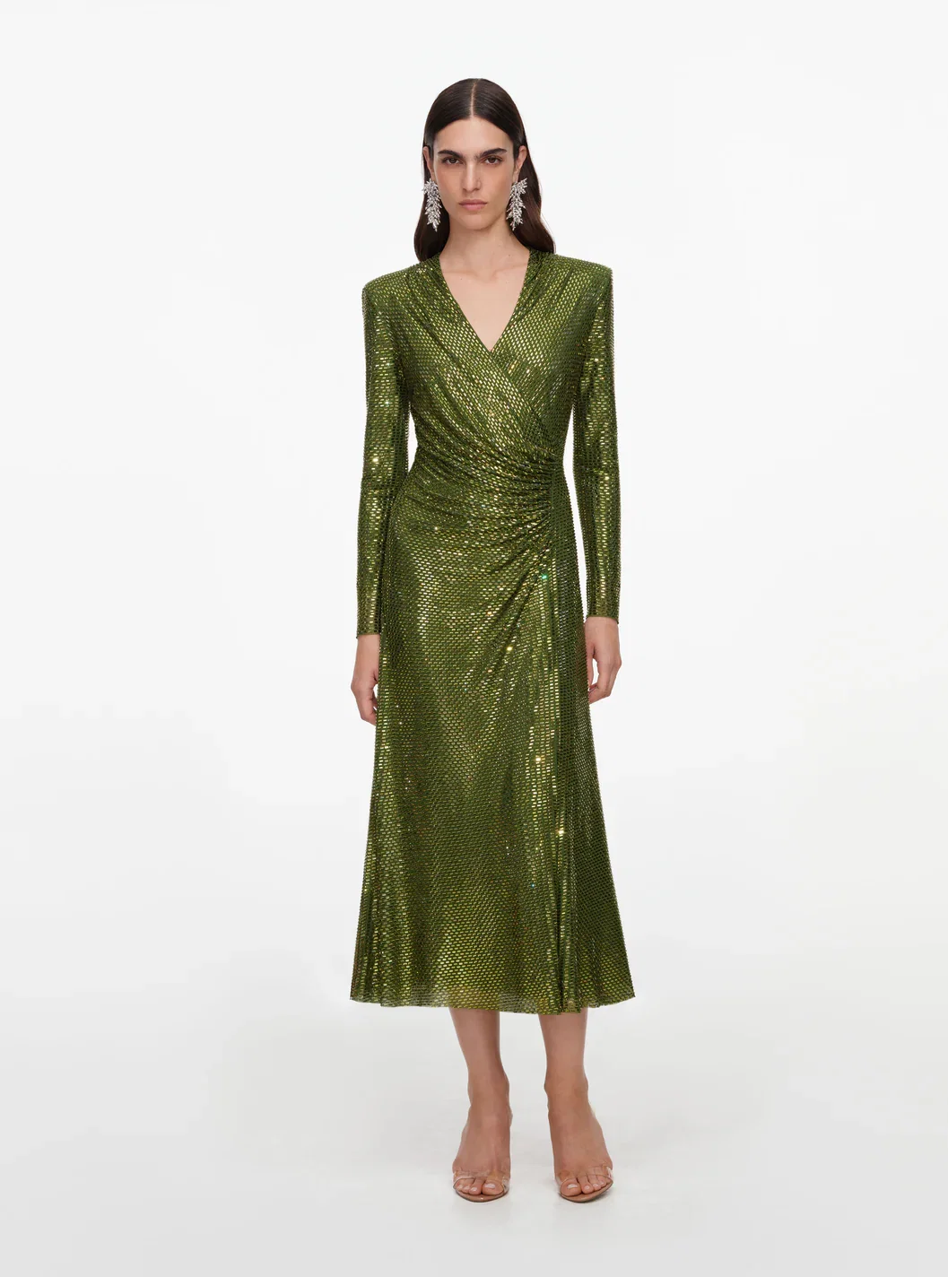 OLIVE RHINESTONE MESH WRAP MIDI DRESS