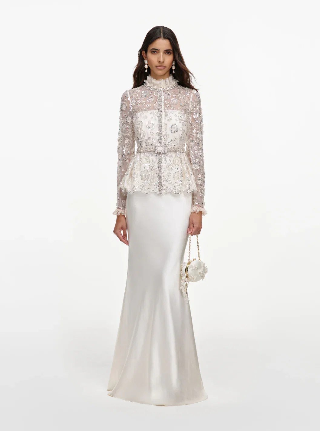 CREAM SEQUIN EMBELLISHED SATIN MAXI DRESS