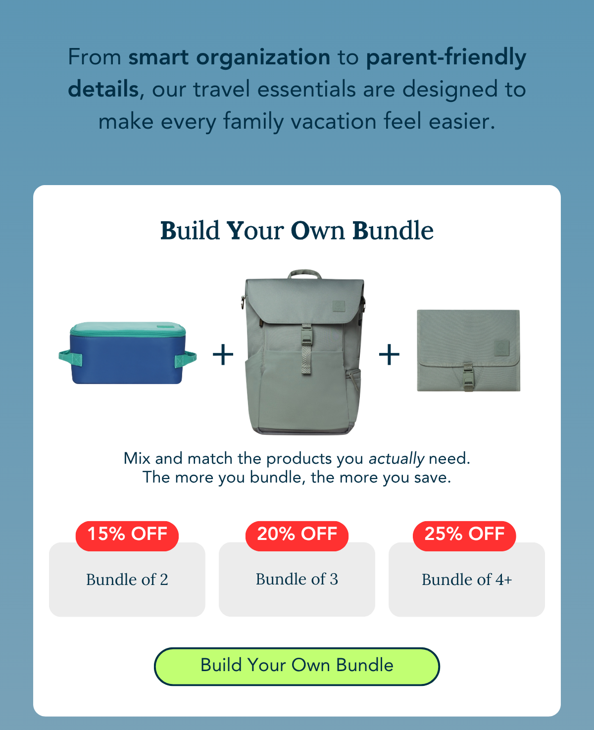 picture of green backpack, green wallet, blue lunch box