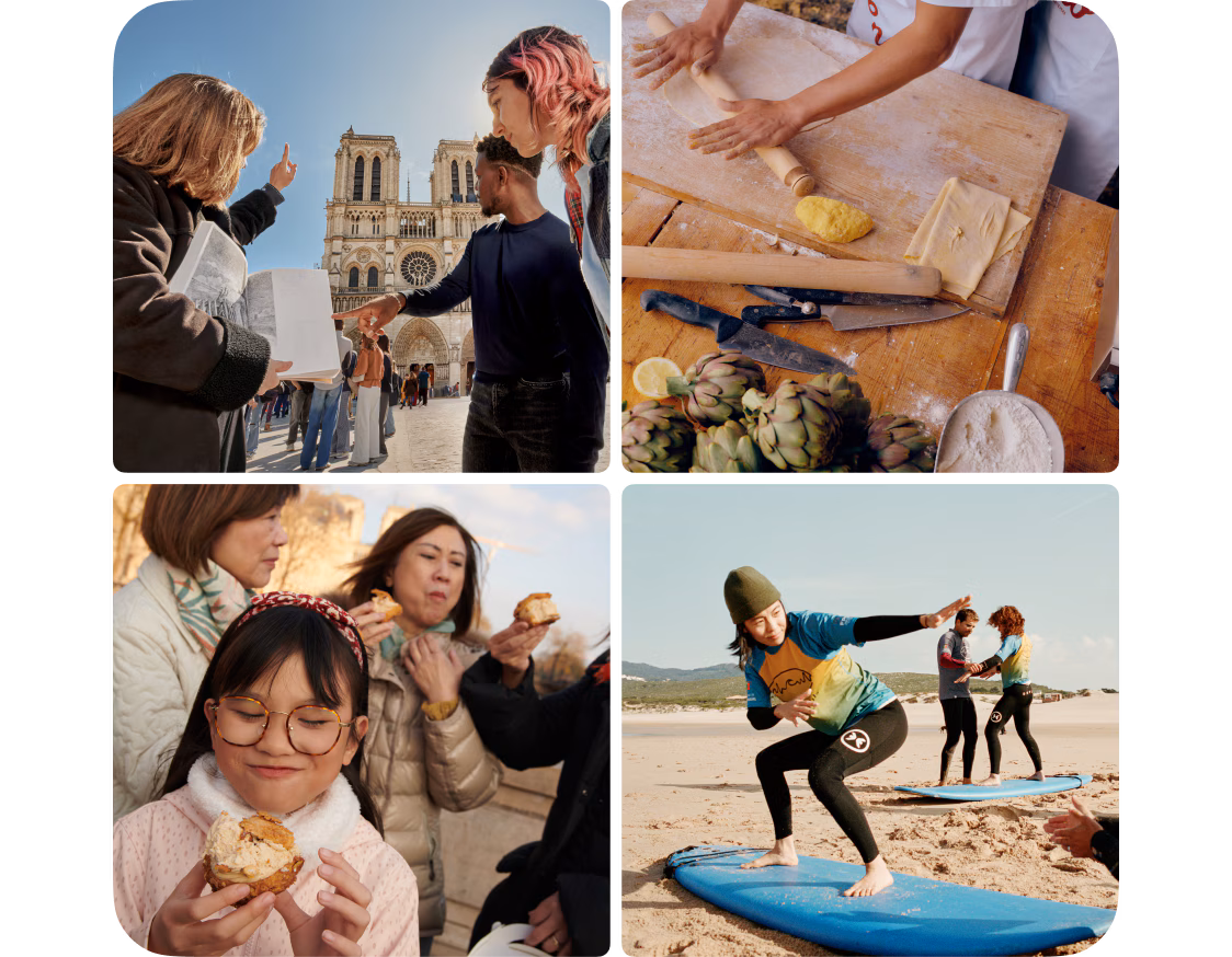 Four images arranged in a square. The upper left shows a small group of people on a city tour. The upper right is someone taking a cooking class. The lower left is a group enjoying fresh pastries. And the lower right shows people taking surfing lessons.