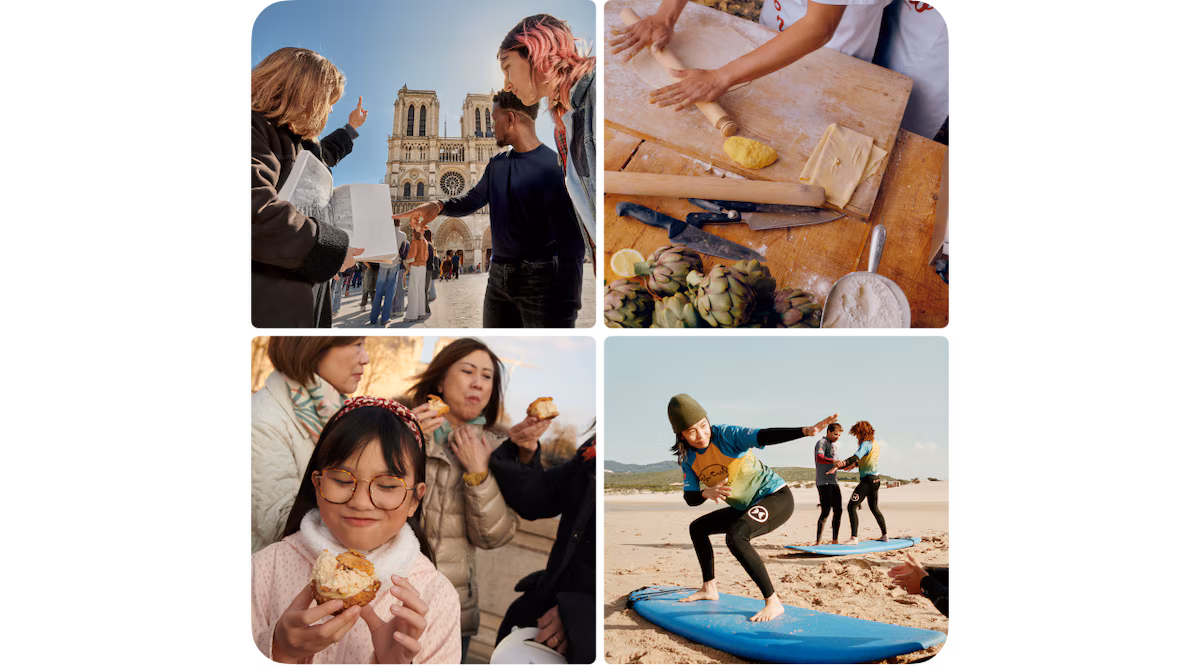 Four images arranged in a square. The upper left shows a small group of people on a city tour. The upper right is someone taking a cooking class. The lower left is a group enjoying fresh pastries. And the lower right shows people taking surfing lessons.
