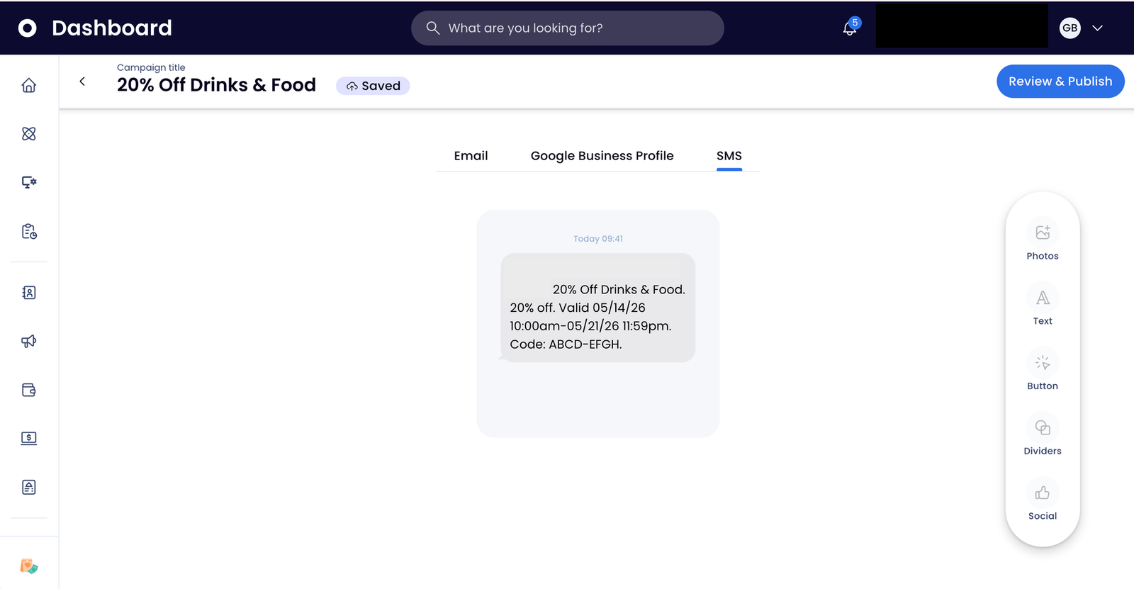 A SpotOn dashboard screenshot showing an SMS campaign preview with a 20% off drinks and food discount message.