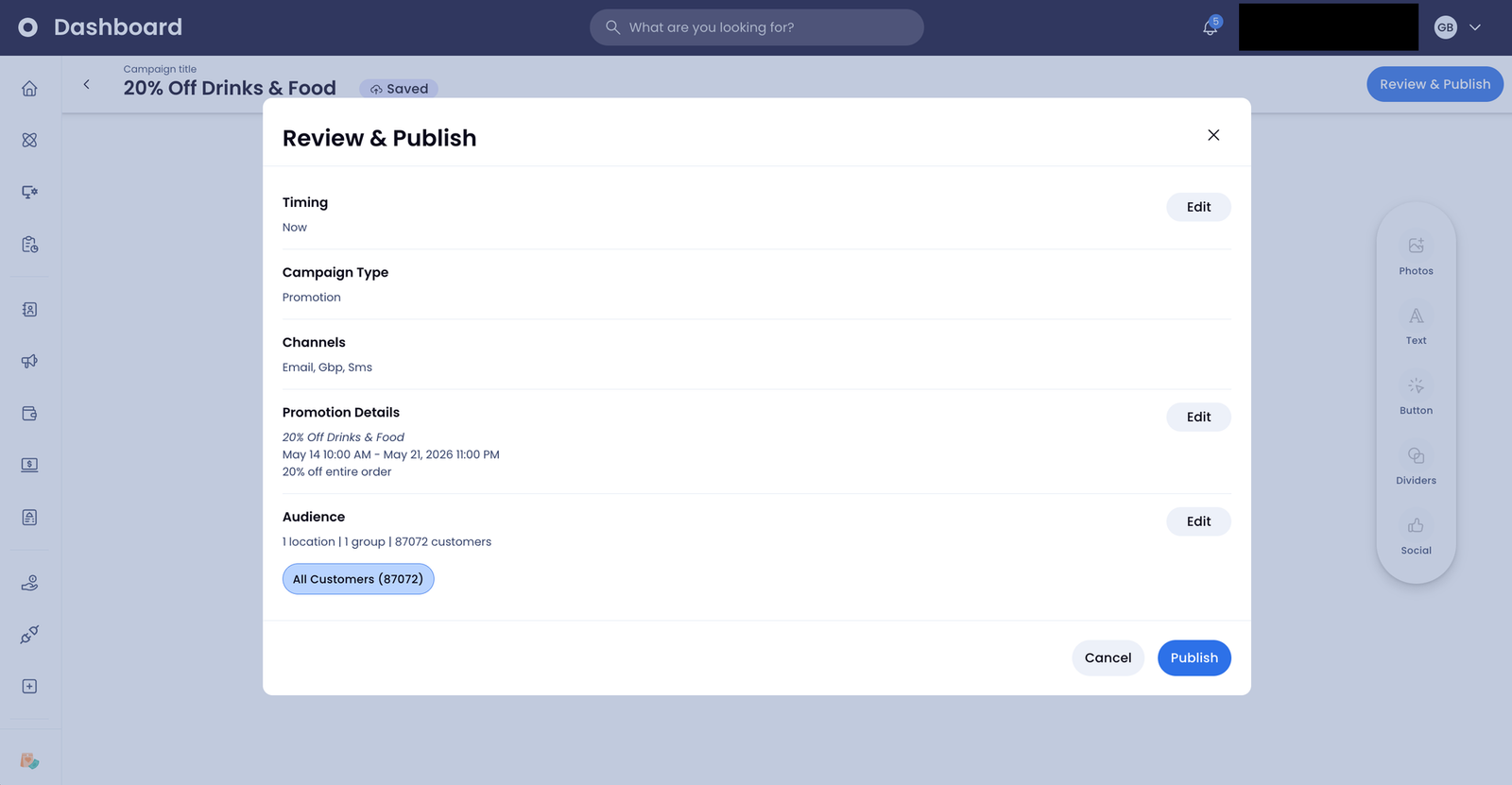SpotOn dashboard Review & Publish screen for a 20% off campaign targeting 87,072 customers.