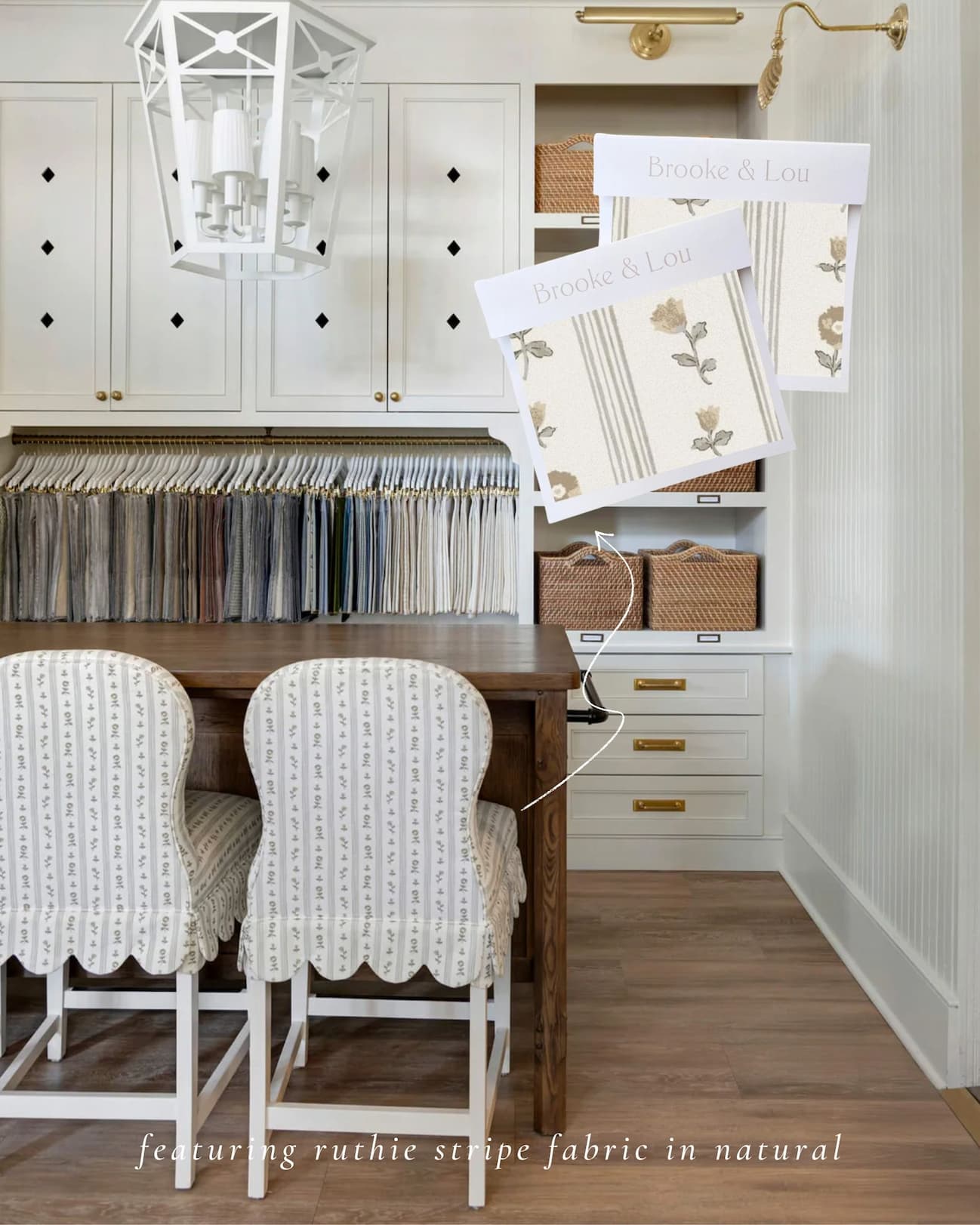 Ruthie Stripe Fabric in Natural shown on Audrey Counter Stool in design studio.