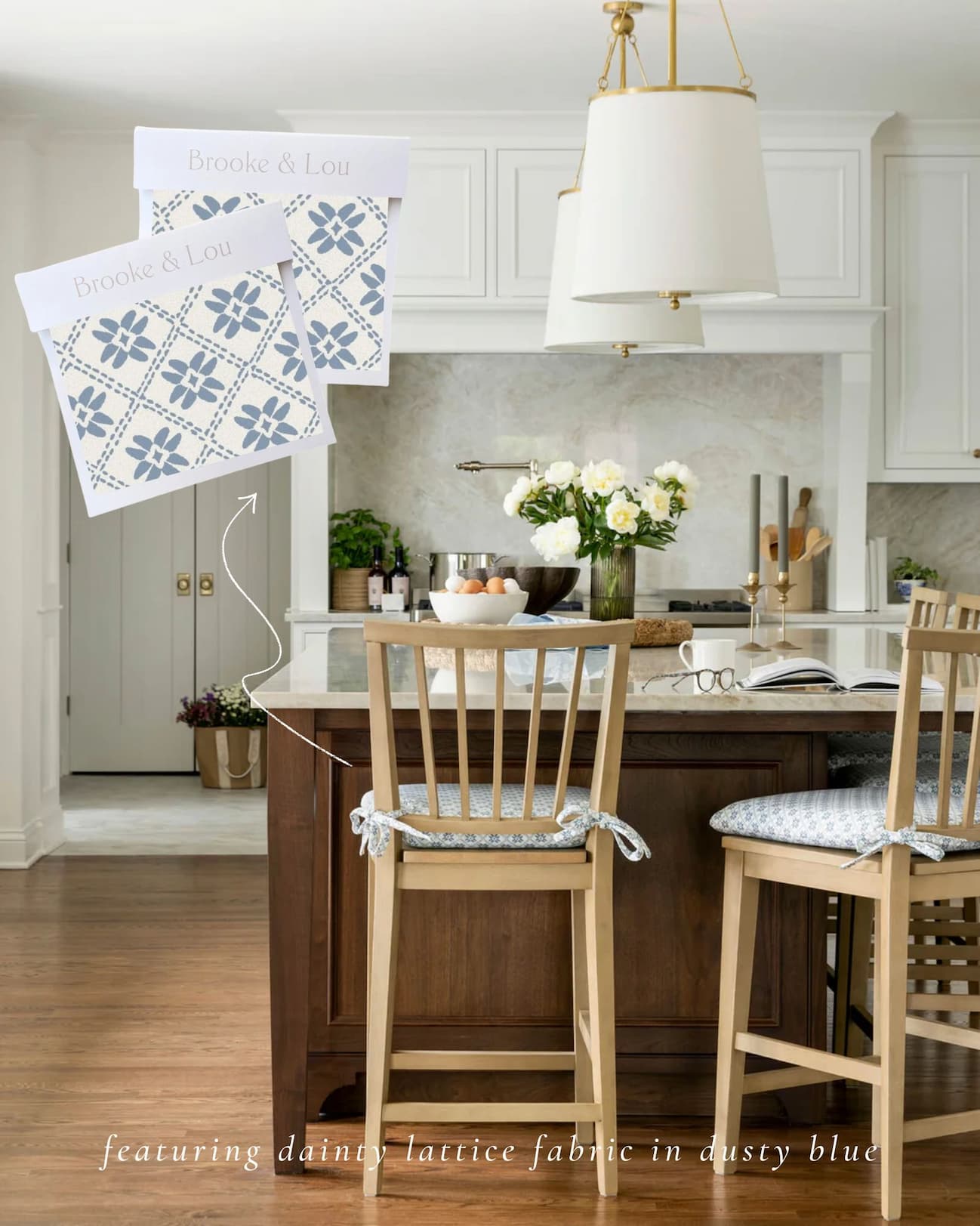 Dainty Lattice in Dusty Blue Fabric shown on counter stool cushions.