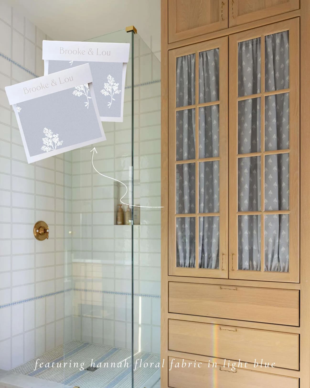 Hannah Floral Fabric in Light Blue shown on cabinetry fabric panels.