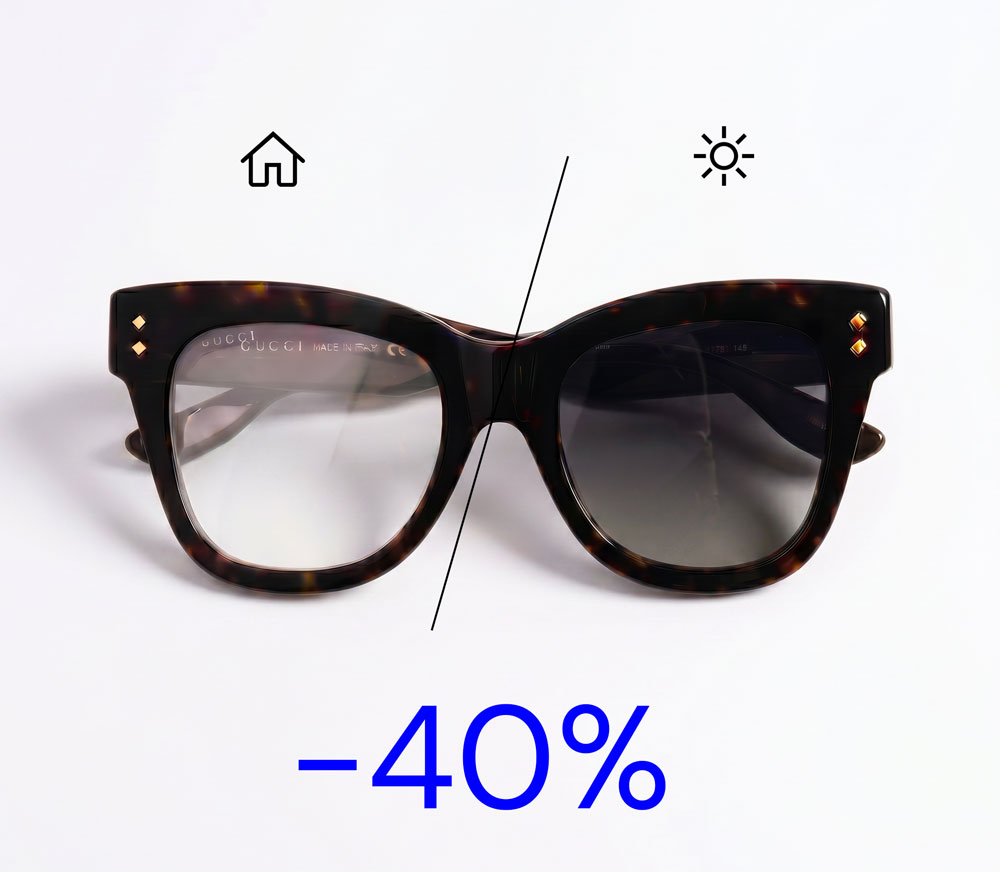 Photochromic lenses shown transitioning from clear to tinted, with “-40%” text