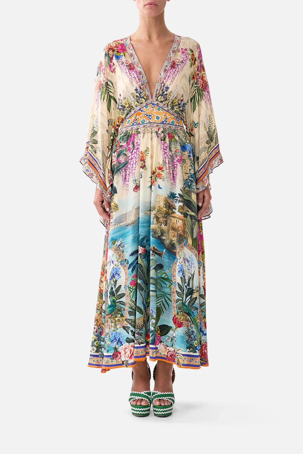 Image of WAISTED DRESS WITH KIMONO SLEEVE BODRUM BOTANICALS