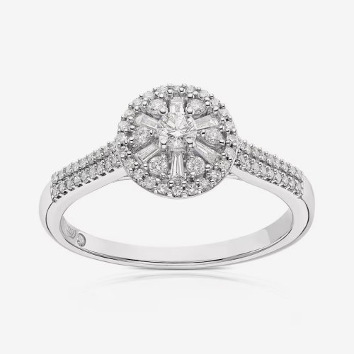 Emmy London 9ct White Gold Round & Baguette Cluster 0.33ct Diamond Ring