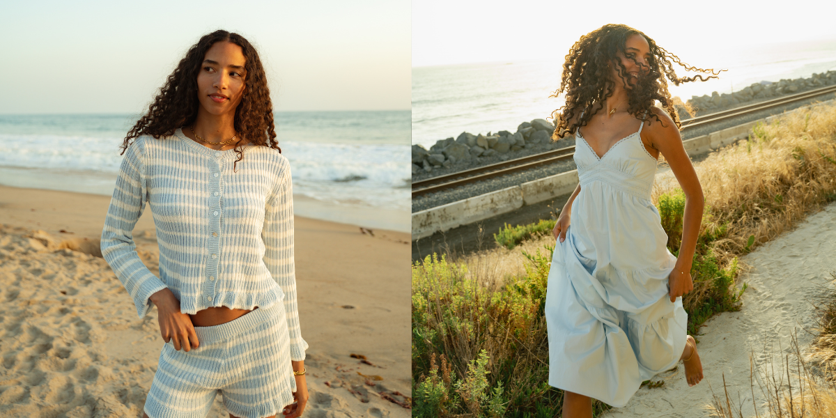 girl in blue white stripe set and blue maxi dress
