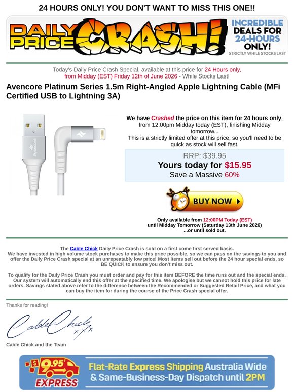 PRICE CRASH: Avencore Platinum Series 1.5m Right-Angled Apple Lightning Cable - SAVE 60%