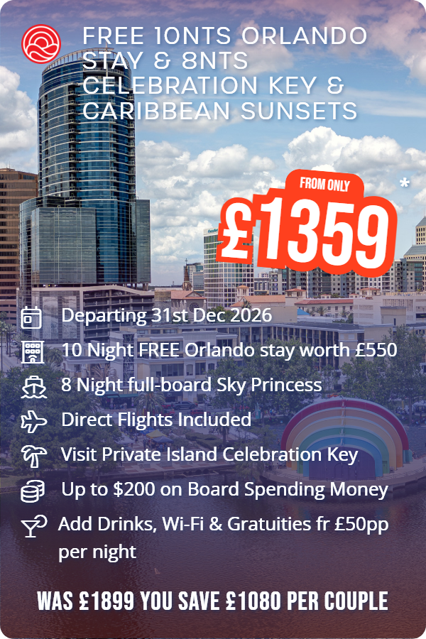 Free 10nts Orlando Stay & 8nts Celebration Key & Caribbean Sunsets – Smart Holiday promotional image. From £1,359 Includes: Departing 31st Dec 2026, 10 Night FREE Orlando stay worth £550, 8 Night full-board Sky Princess, Direct Flights Included, Visit Private Island Celebration Key, Up to $200 on Board Spending Money, Add Drinks, Wi-Fi & Gratuities fr £50pp per night. WAS £1899 YOU SAVE £1080 PER COUPLE