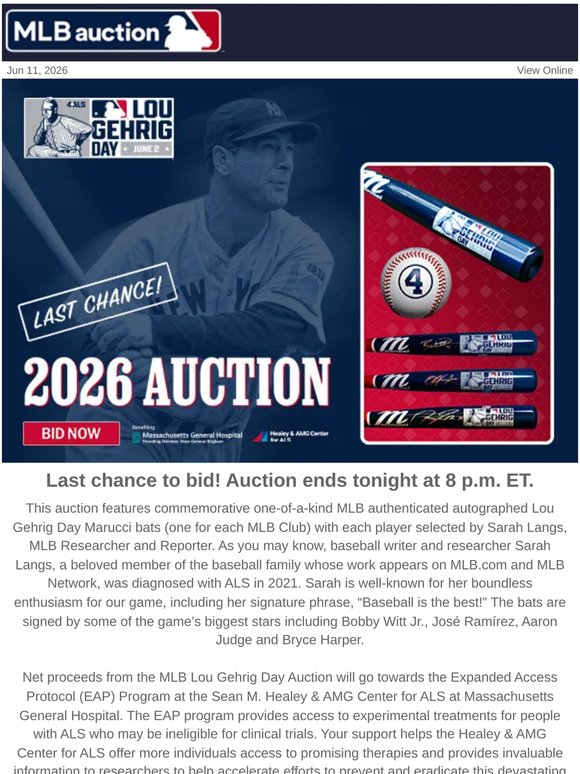Ending tonight! Final hours to bid on the 2026 Lou Gehrig Day auction