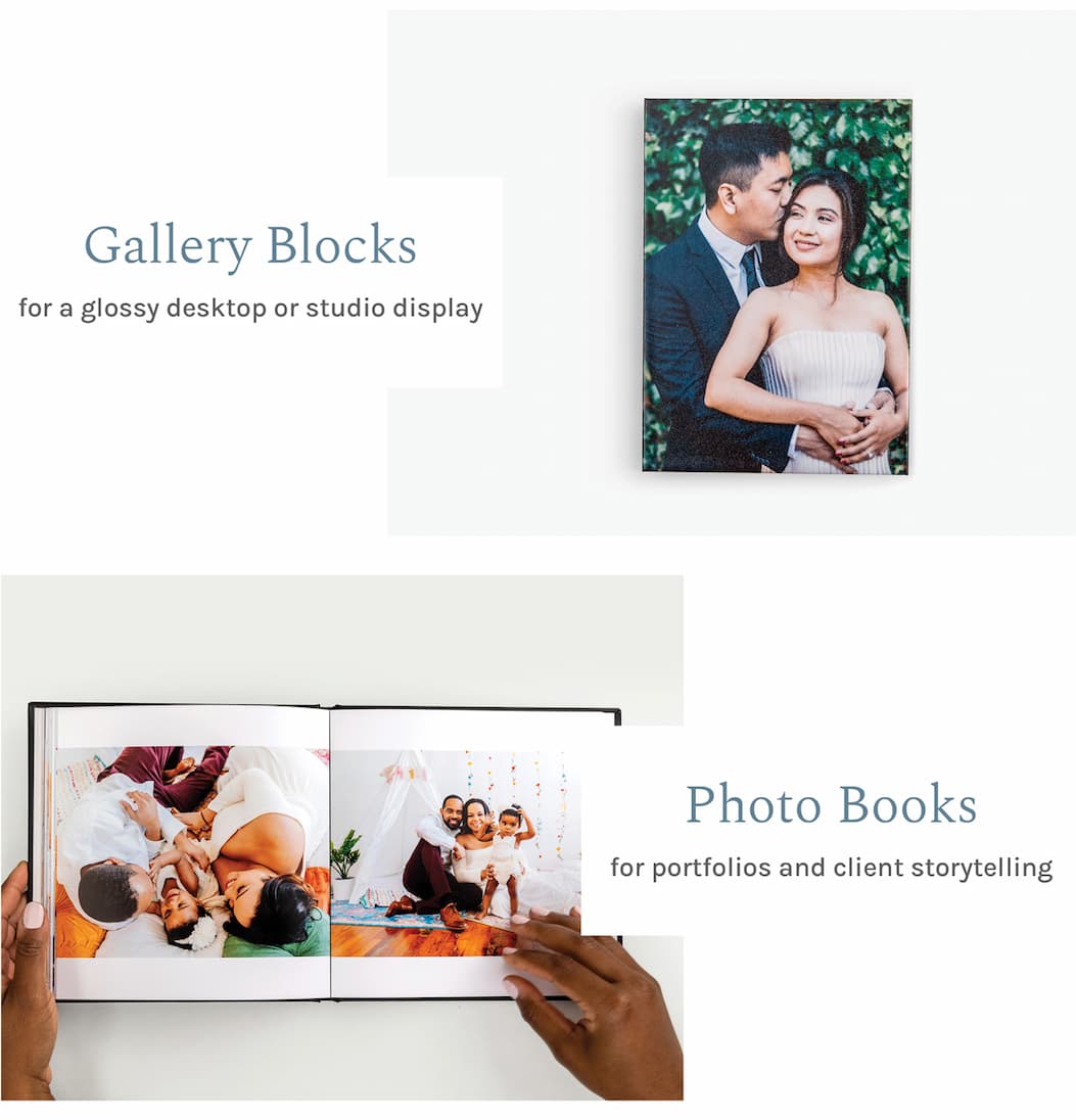 Gallery Blocks for a glossy desktop or studio display  Photo Books for portfolios and client storytelling