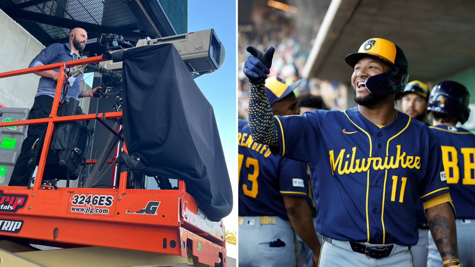 A split image showing a camera operator and Jackson Chourio high-fiving in the dugout