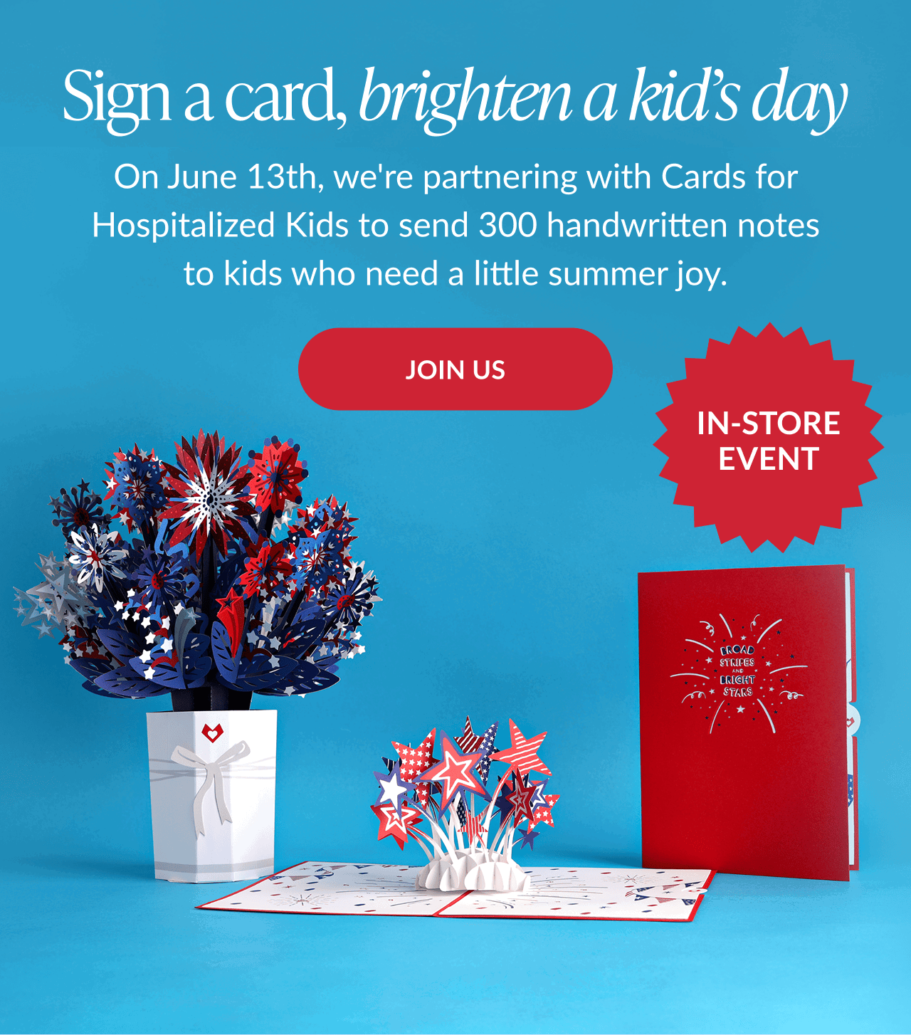 Invitation to sign Lovepop cards for hospitalized kids on June 13.